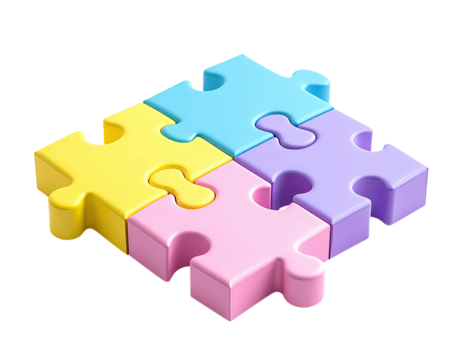 Four pastel-colored puzzle pieces, forming a square.  Interlocking shapes, 3D rendering