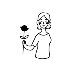 Black and white vector illustration of a beautiful woman holding a flower, minimal clean line art style