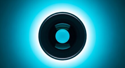 Obraz premium Mystical cyan halo camera lens, vibrant photography equipment concept