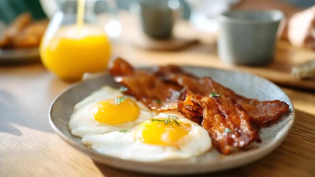 Family eating fried egg and bacon at scarred farmhouse table lively voices. Glossy yolk curled bacon edges cracked ceramic platter fogged glass pitcher with juice. Warm photo