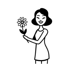 Black and white vector illustration of a beautiful woman holding a flower, minimal clean line art style