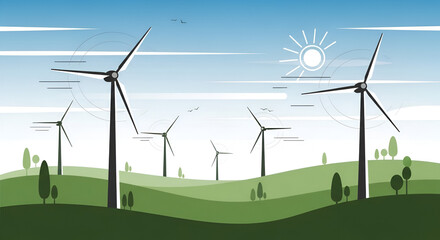 Wind Turbines on Rolling Hills Sustainable Energy Vector Illustration