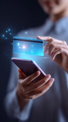 Digital Transaction: A person is using credit card with smart phone, symbol of contactless payment with the modern digital age.