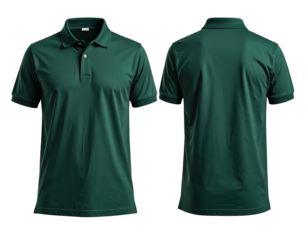 Dark green polo shirt, front and back view,  flat lay