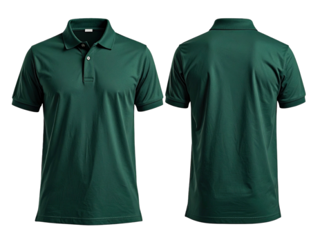 Dark green polo shirt, front and back view,  flat lay