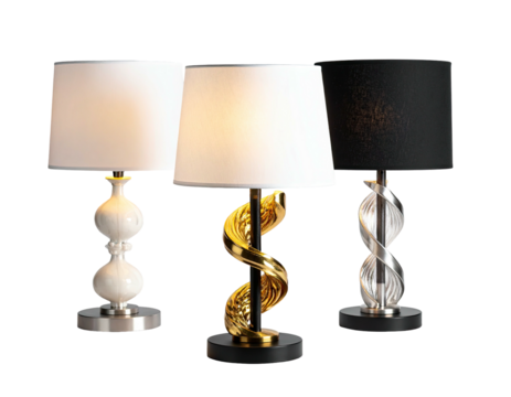 Three modern table lamps in white, gold, and black