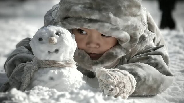 Inuit child building snowman on snowfield thick mittens powdery snow. Frayed scarf on snowman scuffed wooden sled nearby. Matted parka swaying in wind. Photo with snow clumps