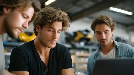 Racers building together in garage pooling parts sharing ideas opening beers wall timeline. Cooperative photo with part assortments bottle caps project progress. three