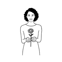Black and white vector illustration of a beautiful woman holding a flower, minimal clean line art style