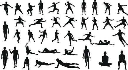 Silhouette people body poses collection, walking, running, standing, sitting, fitness, sports, exercise, yoga, dynamic action movement vector illustration