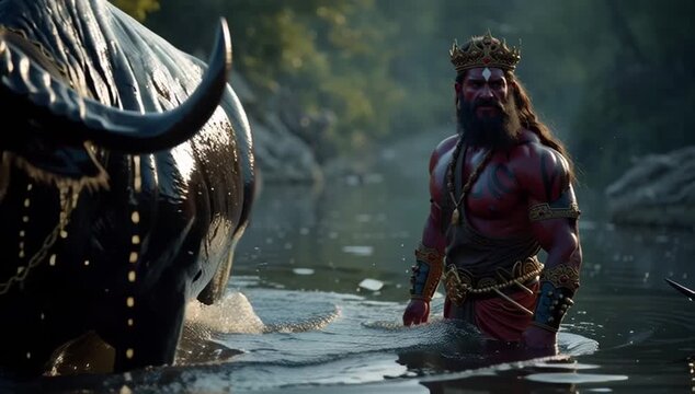 A demon king stands beside a bull demon in a river, radiating dark power, menace, and epic mythical presence.