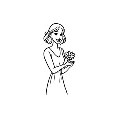 Black and white vector illustration of a beautiful woman holding a flower, minimal clean line art style