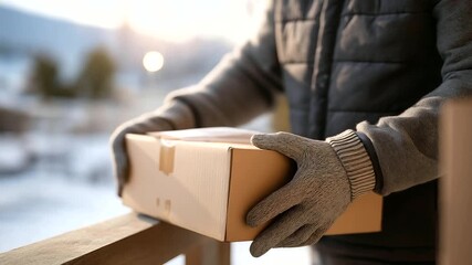 Worker checking packages in snowy warehouse creased cardboard box nicked tape dispenser. Curled receipt in pocket frayed glove on scarred crate. Snow outside radio static. Phot - Powered by Adobe
