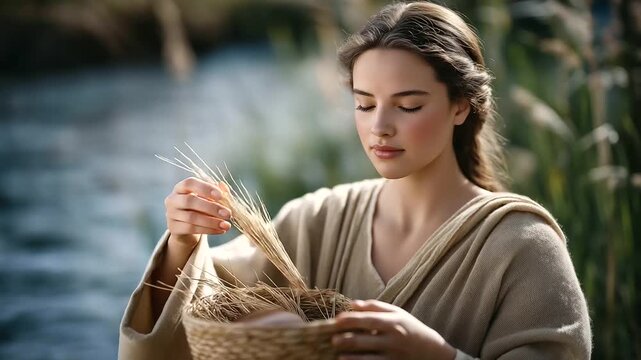 Woman weaving basket by river steady hands pliable reeds. Sleeping baby in tight wool blanket lapping water swaying rushes. Protective photo inspired by Moses infancy with ree