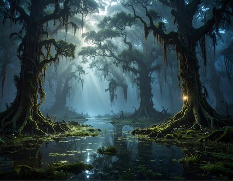 Mysterious Swamp Forest at Dawn.