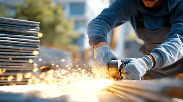 Worker cutting rebar at construction site sparks flying steel bars stacked safety gloves on concrete nearby. Gritty photo with sparks shiny rebar industrial vibe. three quart