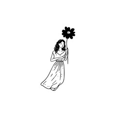 Black and white vector illustration of a beautiful woman holding a flower, minimal clean line art style