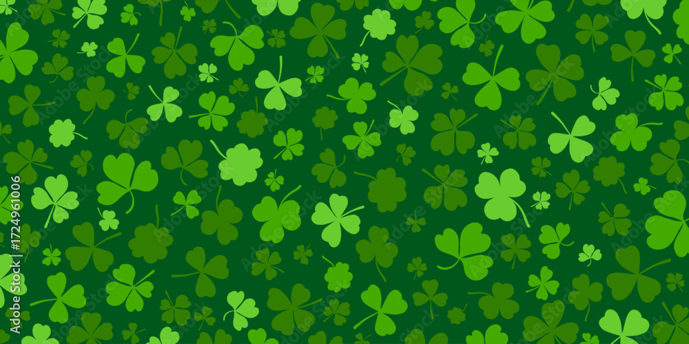 Poster shamrock or green clover leaves pattern background flat design vector illustration. st patrick day s