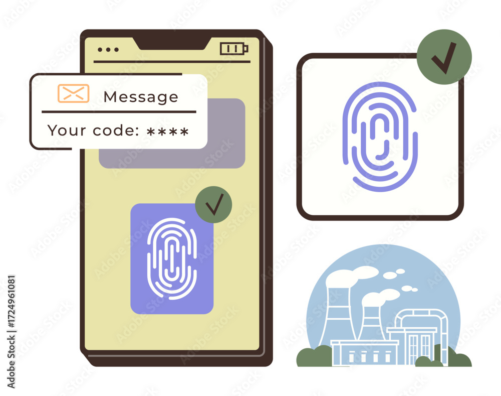 Poster smartphone displays fingerprint scan and verification code, ensuring security. includes industrial p