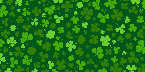 Shamrock or green clover leaves pattern background flat design vector illustration. St Patrick Day shamrock symbols decorative elements horizontal pattern texture.