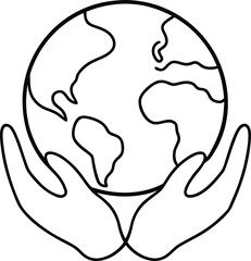abstract single line art hands holding planet earth illustration on transparent