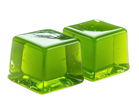 Two vibrant green, cube-shaped, translucent candies, glossy and slightly reflective, appear stacked