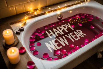 Romantic New Year's Eve bath with rose petals and candles creates a relaxing and luxurious celebratory ambiance, perfect for a spa day at home to welcome the new year