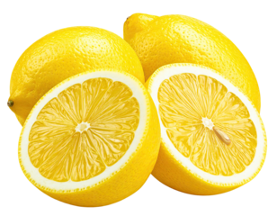 Close-up of three lemons, two whole and one halved, displaying bright yellow skins and juicy white interiors