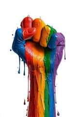 Colorful Raised Fist with Watercolor Splashes on White Background, Rainbow Art Design