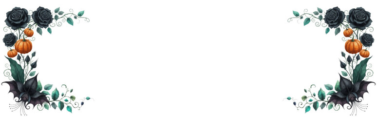 Floral side frames made of black roses, pumpkins, and a black bat flower (Tacca chantrieri). Elegant Halloween decoration. Low poly style.