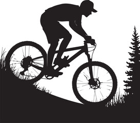 Obraz premium Dynamic silhouette of mountain biker riding downhill amidst trees and grass