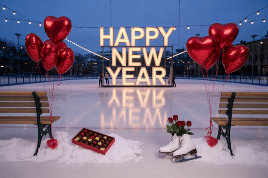 Romantic New Year's Eve ice skating date, complete with red heart balloons, skates, roses, and chocolates for a special celebratory moment on the ice rink under festive lights