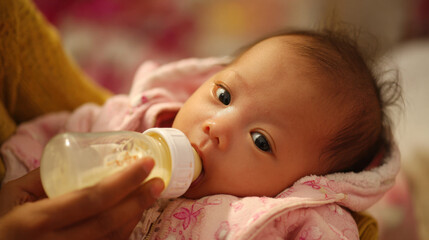 Baby drinking from a bottle while being held in a cozy indoor setting, wearing a soft pink outfit, with a gentle expression and warm lighting around.