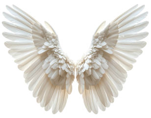 Pair of pristine white angel wings, meticulously detailed, displayed against a stark black background.  Feathers are layered, creating a sense of depth and texture