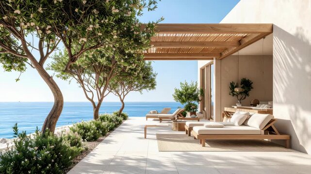 Luxury Mediterranean villa terrace with ocean view, comfortable sunbeds, relaxing space and trees for summer vacation getaway.
