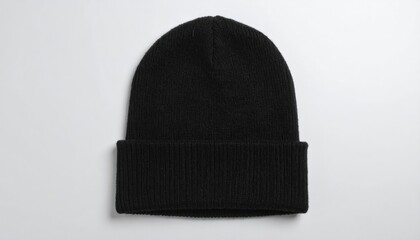 Black beanie hat on white background with fashion accessory.