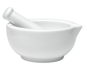 White ceramic mortar and pestle.  Small, round bowl with a pouring lip and a matching handle