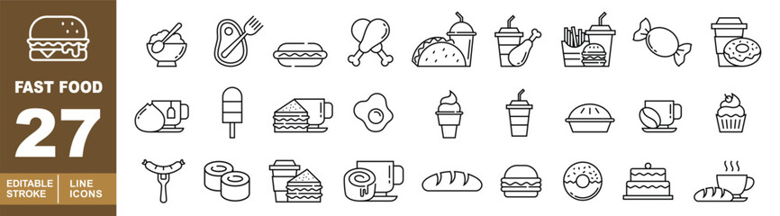 Fast food set of web icons in line style. Burger, bowl, steak, hotdog, chicken, taco, drink, fries, candy, donut, tea, ice cream, sandwich, egg, ice cream, cup, pie, coffee. Editable stroke icons