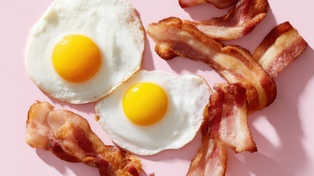 Breakfast plate with sunny-side-up eggs and crispy bacon on pastel pink surface. culinary branding, editorial food styling, restaurant visuals, and comfort-themed lifestyle design - Powered by Adobe