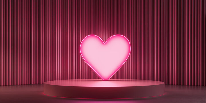Glowing pink neon heart on circular platform with curtain backdrop. Featuring luminous texture and romantic mood, Valentine’s campaigns, festive branding, and editorial event visuals