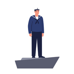 A sailor in navy uniform stands on a gray boat