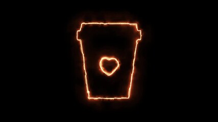 A vibrant glowing energy outline of a takeout coffee cup with a love heart symbol, illustrating passion for caffeine on an isolated black background