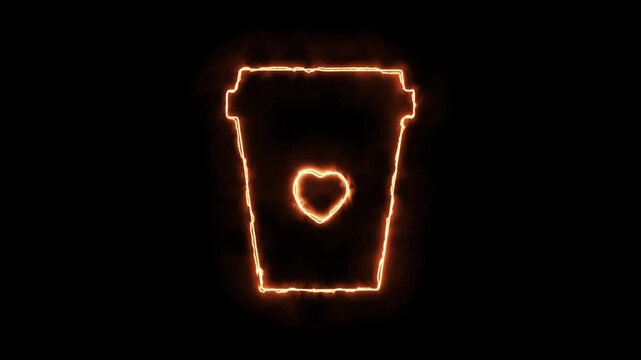 A vibrant glowing energy outline of a takeout coffee cup with a love heart symbol, illustrating passion for caffeine on an isolated black background