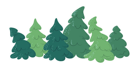 Group of cozy christmas trees for winter holidays, greeting cards, and festive posters.