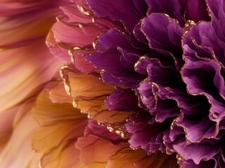 Closeup of a vibrant purple and gold flower with intricate details.
