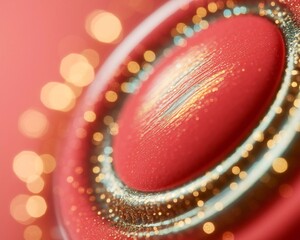 Closeup of a vibrant red lipstick with shimmering details and bokeh lights.