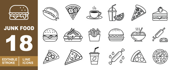 Junk Food set of web icons in line style. Burger, Hotdog, Pizza, Coffee, Drink, Slice, Cake, Burger, Fries, Burger, Noodles, Sauce, Slice, Slice, Cup, Squeeze, Pizza, Pizza and more. Editable stroke 