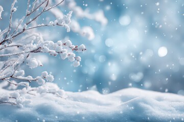 Winter Snow Covered Branches Against Blue Bokeh Background