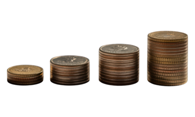 Coins stacked, gradually increasing in height, against a stark black backdrop