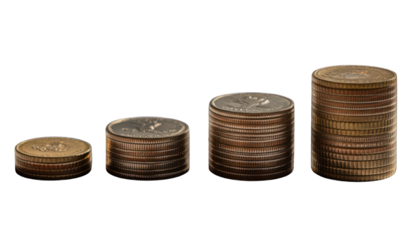 Coins stacked, gradually increasing in height, against a stark black backdrop